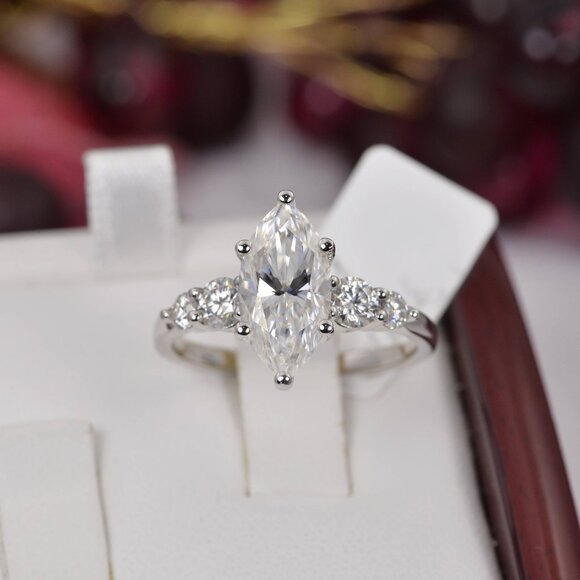 Certified 3.6tcw Marquise Cut Engagement Moissanite Ring 925 - Picture 1 of 7